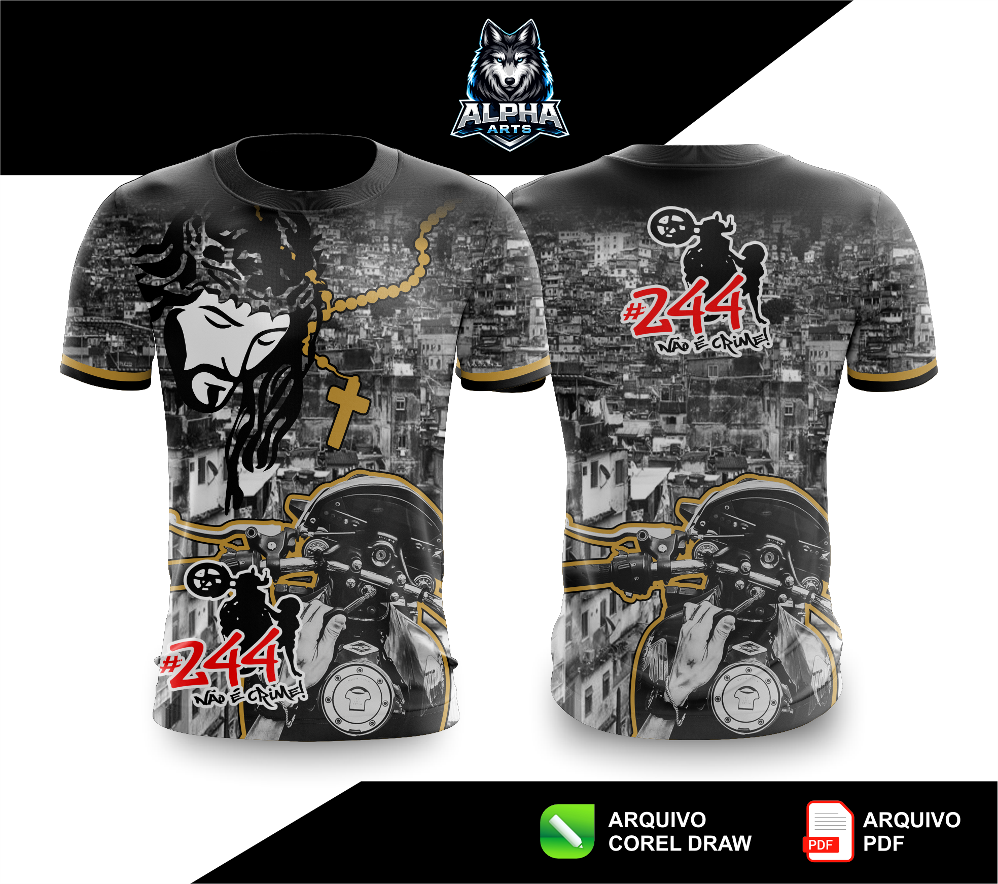 Camisa estilo favela cristo e equipe de moto preta MOD-01